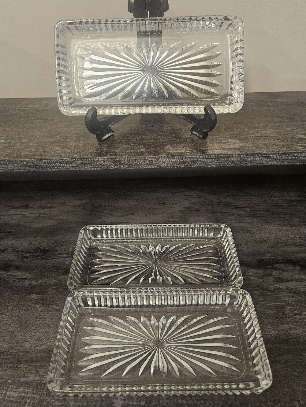 3 VTG Clear Pressed Glass Starburst Rectangular Trinket Dishes / Relish Trays